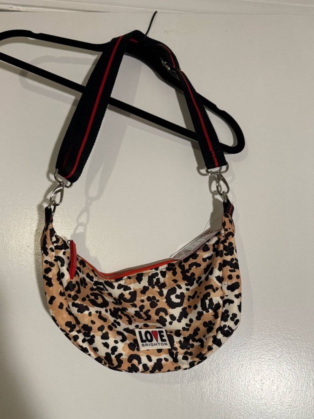 Brighton Leopard Print Bag Lining with LOVE Patch Black Tan Red sling crossbody